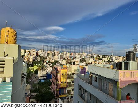 Closeup Of Beautiful Heaven Sky With Cityscape And Downtown View Of Laggere Area At Bengaluru In A M