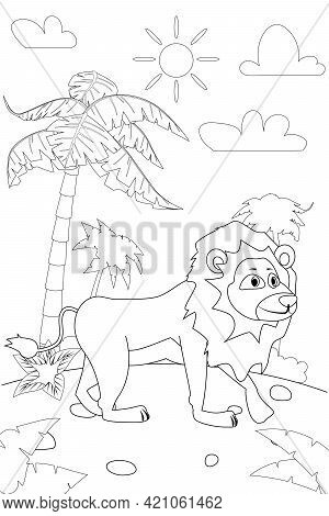 Jungle, Africa Safari Animal Lion Coloring Book Edicational Illustration For Children. Vector White 