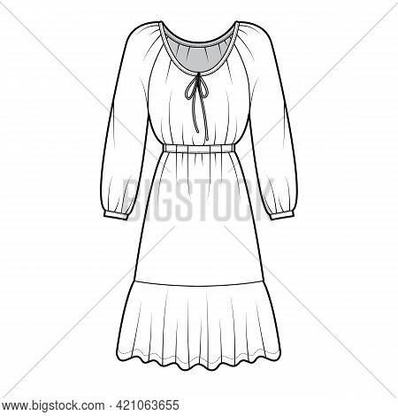 Dress Peasant Technical Fashion Illustration With Long Sleeves, Fitted Body, Knee Length Peplum Penc