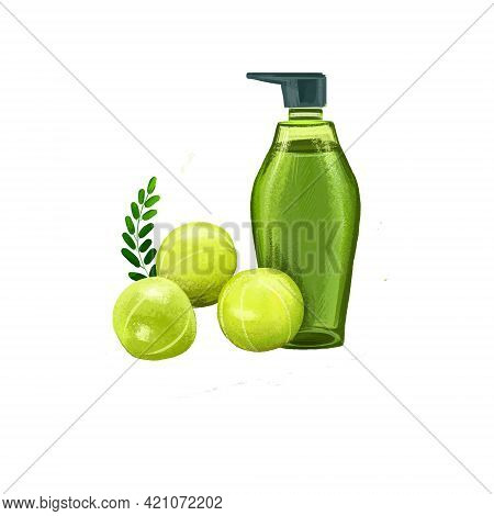 Amla - Gooseberry Ayurvedic Herb Digital Art Illustration Isolated On White. Alma Gel Cream Cosmetic
