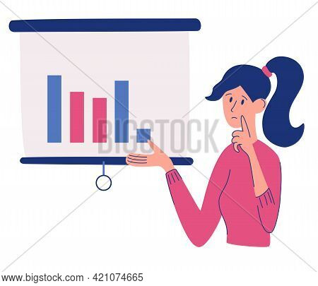 Financial Analysis Concept. A Pensive Girl Stands Against The Background Of Tables And Graphs. Work 