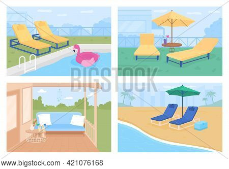 Outdoor Patio Ideas Flat Color Vector Illustration Set. Leisure Activities. Swimming Pool Year-round