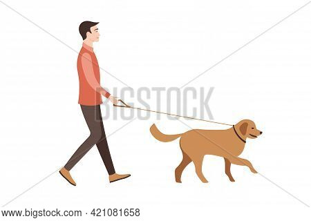 Young Man Welking The Dog, Vector Illustration.