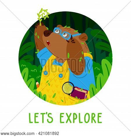 Cute Bear Botanist In Glasses, Explores New Plants. Gardening Grizzly. Animal In The Forest. Vector 
