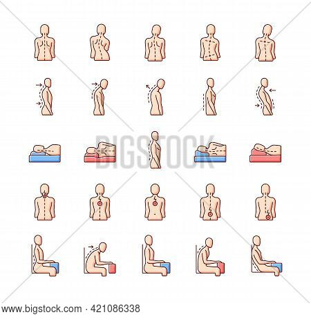 Back And Posture Problems Rgb Color Icons Set. Spinal Abnormalities. Maintaining Natural Alignment. 