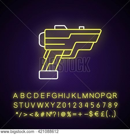 Laser Weapon Neon Light Icon. Ray Gun. Beam Pistol. Dystopian War. Cyberpunk Movie, Sci Fi Game. Out