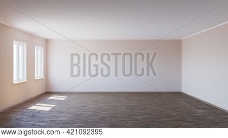 Beautiful Empty Interior With Parquet Floor, Two Plastic Windows, Beige Walls And Wooden Plinth, Lit