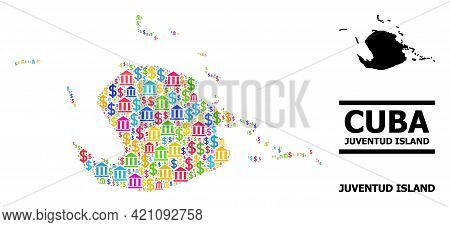 Bright Colored Banking And Dollar Mosaic And Solid Map Of Juventud Island. Map Of Juventud Island Ve