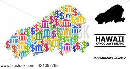 Bright Colored Bank And Dollar Mosaic And Solid Map Of Kahoolawe Island. Map Of Kahoolawe Island Vec