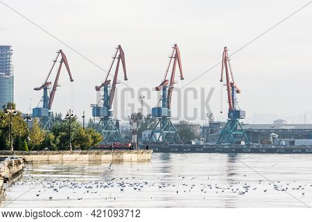 Azerbaijan, Baku - Nowember 2009: The Seagoing Ship Is In The Port. Panorama Of The Seaport.