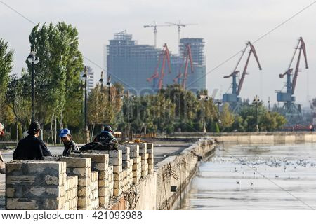 Azerbaijan, Baku - Nowember 2009: The Seagoing Ship Is In The Port. Panorama Of The Seaport.