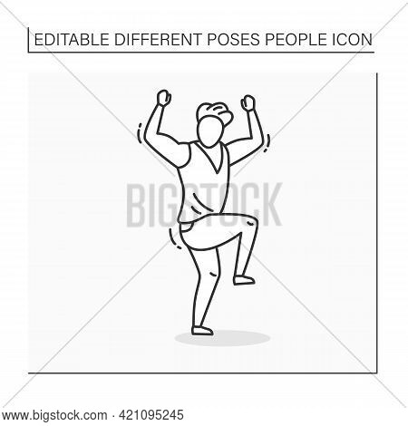 Person Pose Line Icon. Man Raised Fist And One Left Leg Up. Dancing. Satisfied. Looking Directly.peo