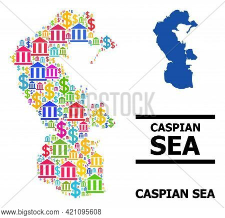 Bright Colored Finance And Business Mosaic And Solid Map Of Caspian Sea. Map Of Caspian Sea Vector M