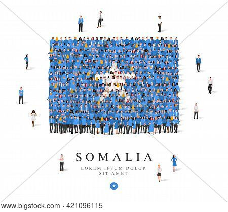 A Large Group Of People Are Standing In Blue And White Robes, Symbolizing The Flag Of Somalia. Vecto