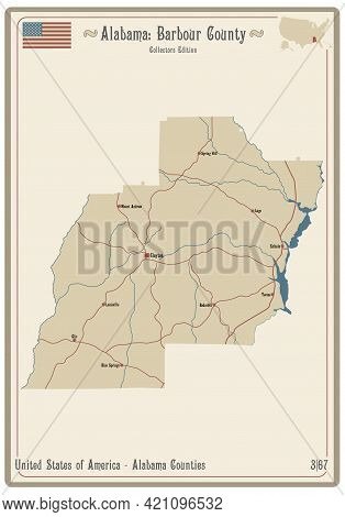 Map On An Old Playing Card Of Barbour County In Alabama, Usa.