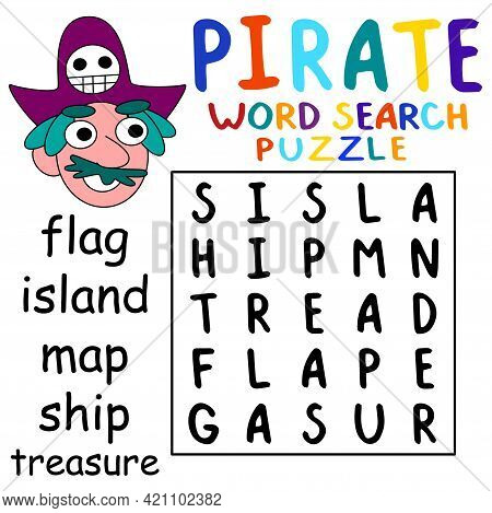 Pirate Word Search Puzzle For Kids Stock Vector Illustration. Funny Word Game For Children With Hand