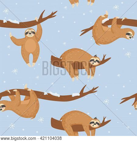 Seamless Christmas Pattern With Cute Lazy Sloths. Vector Illustration For Textile, Postcard, Wrappin