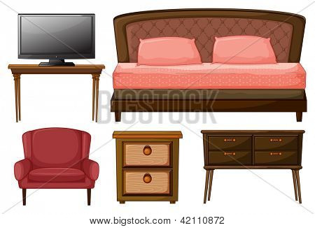 Illustration af et tv på en tabel, twin seng, stol, sidebord og et arbejdsbord på hvide Barbara
