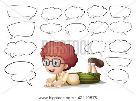 Illustrazione di un ragazzo e le diverse forme di didascalie su sfondo bianco