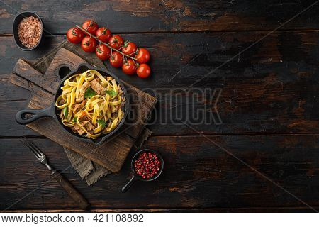Pasta With Rosemary Rabbit Stew Set, In Frying Cast Iron Pan Or Pot, On Old Dark  Wooden Table, Top 