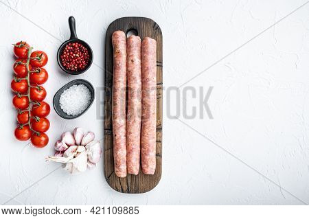 Traditional Mest Sausages, Flat Lay With Space For Text, On White Background.