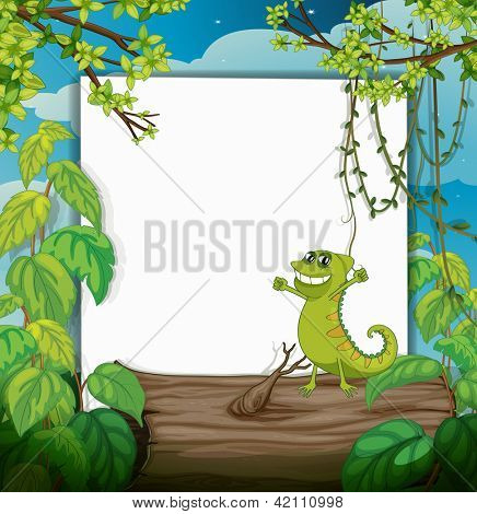 Illustration ein tanzen-Chamäleon und eine weiße Tafel inmitten einer wunderschönen Natur