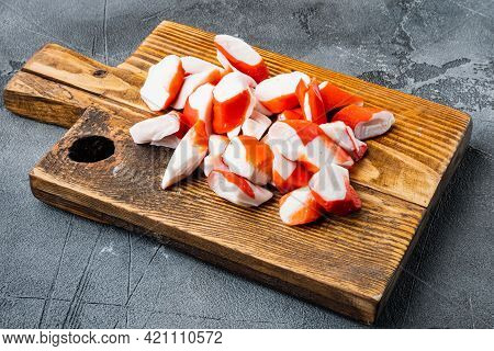 Fresh Crab Meat Surimi With Blue Swimming Crab Set, On Wooden Cutting Board, On Gray Background