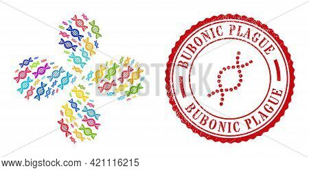 Genetic Molecule Colorful Explosion Burst, And Red Round Bubonic Plague Corroded Stamp Print. Geneti
