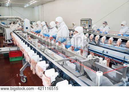 Production Line With Packaging And Cutting Of Meat.people Working At A Chicken Factory, Stock Photo.