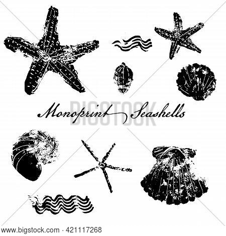 Seashells And Starfish Stamp Effect Icon Set. Mono Print Technique. Vector