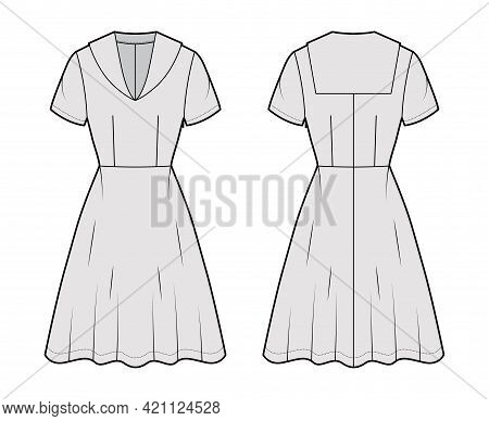 Dress Sailor Technical Fashion Illustration With Middy Collar, Short Sleeve, Fitted Body, Knee Lengt