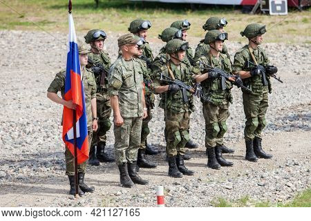 Military Competition Army2018 A Platoon Of Russian Army Soldiers With The Flag Of The Russian Federa