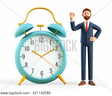 3d Illustration Of Smiling Man Showing Ok Gesture And Standing Next To A Huge Vintage Alarm Clock. B
