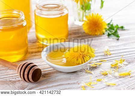 Homemade Dandelion Honey Or Syrup In Glass Jar. Concept Of Natural, Countryside, Organic And Healthy