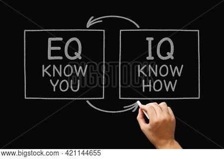 Hand Writing Intelligence Quotient And Emotional Intelligence Quotient Diagram With Chalk On Blackbo