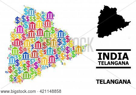 Bright Colored Financial And Dollar Mosaic And Solid Map Of Telangana State. Map Of Telangana State 