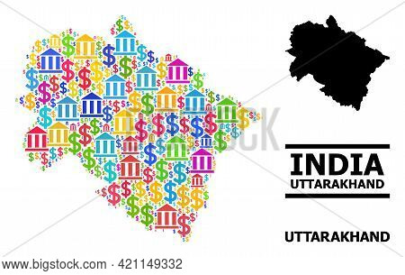 Bright Colored Bank And Commerce Mosaic And Solid Map Of Uttarakhand State. Map Of Uttarakhand State