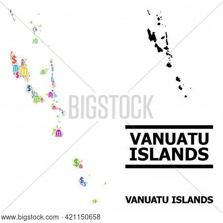 Bright Colored Banking And Dollar Mosaic And Solid Map Of Vanuatu Islands. Map Of Vanuatu Islands Ve