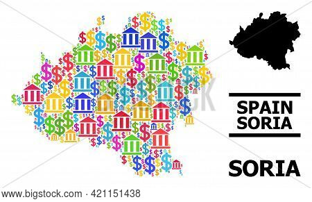 Colorful Bank And Money Mosaic And Solid Map Of Soria Province. Map Of Soria Province Vector Mosaic 
