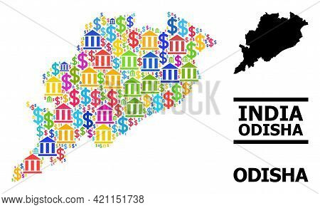 Bright Colored Bank And Business Mosaic And Solid Map Of Odisha State. Map Of Odisha State Vector Mo