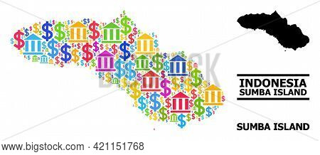 Vibrant Bank And Dollar Mosaic And Solid Map Of Sumba Island. Map Of Sumba Island Vector Mosaic For 