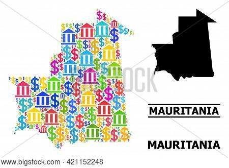 Colored Bank And Business Mosaic And Solid Map Of Mauritania. Map Of Mauritania Vector Mosaic For Ge