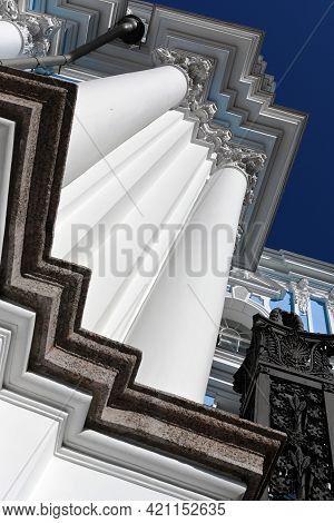 Orthodox Churches In Russia. Smolniy Cathedral In St. Petersburg. Architectural Details And Cornices