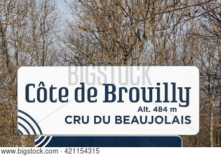 Road Sign With Cote De Brouilly, Altitude 484 Meters, Cru Du Beaujolais, France
