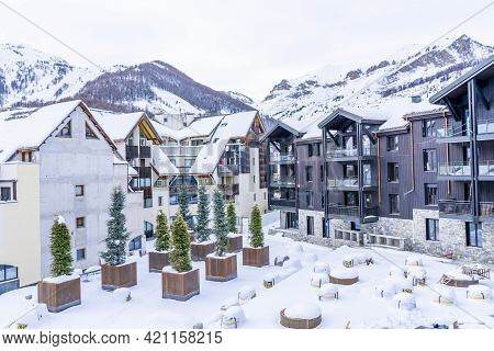 Auron, France - 10.01.2021 Alpine Village At Winter Snow. Slopes Of Winter Resort In Alpes Maritime,