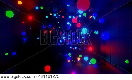 3d Render. 3d Abstract Creative Background With Neon Glow Multi-colored Spheres Inside Camera, Refle