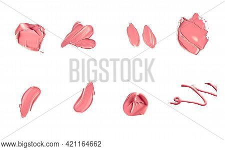 Coral Beauty Cosmetic Texture Isolated On White Background, Smudged Makeup Emulsion Cream Smear Or F