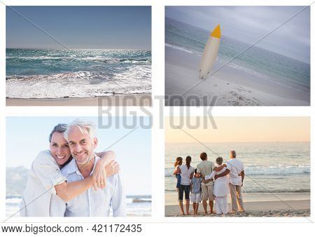 Composition of four summer and holiday photographs and copy space background. holiday and summer concept digitally generated image.