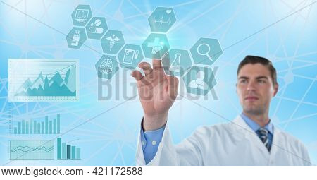 Composition of male doctor touching screen with medical data processing. global medicine and healthcare concept digitally generated image.