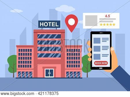 Man Reading Review And Make A Hotel Reservation Via Smartphone App In Flat Design. Hotel Booking Con